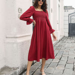 Puff Sleeve Solid Color Square Neck Wholesale Swing Dresses for Women