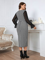 Wholesale Plus Size Women Clothing Skinny See-Through Petal Sleeve Plaid Slit V-Neck Midi Dress