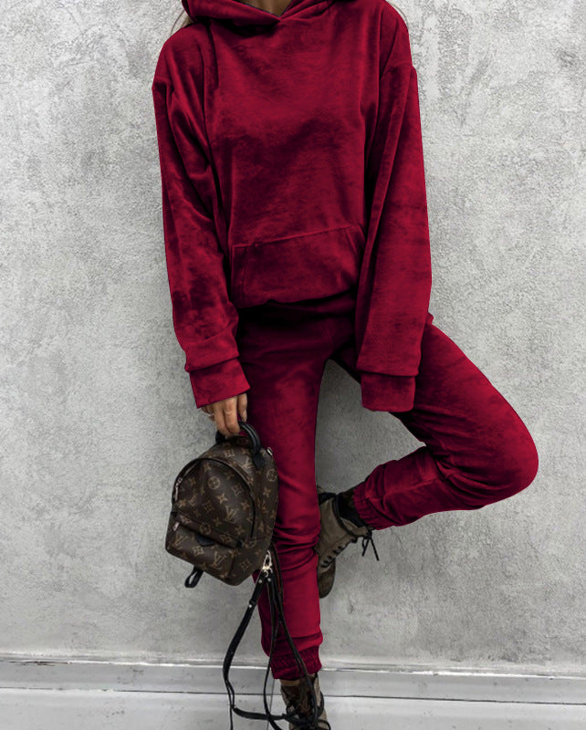 Casual Solid Color Long Sleeved Hoodie & Elastic Waist Pants Womens 2 Piece Sets