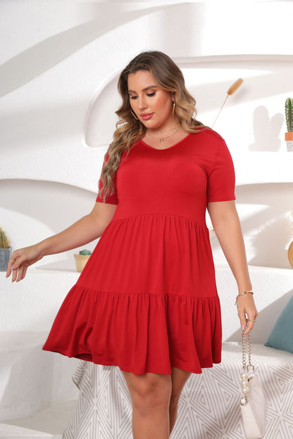 Solid Color V-Neck Short Sleeve Casual Pleated Smocked Curve Dress Wholesale Plus Size Clothing