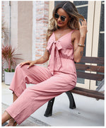 Cotton Linen Sleeveless V Neck Bowknot Wholesale Jumpsuits with Pockets