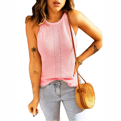 Solid Color Sleeveless Hollow Casual Knit Loose Womens Vests Wholesale Tank Tops