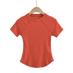 Solid Color Raglan Shoulder Short Sleeve Round Neck Slim Blouses Wholesale Women Tops