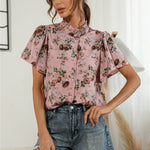 Floral Print Ruffles High Collar Lotus Leaf Sleeve Button Elegant Women Shirts Wholesale Blouse