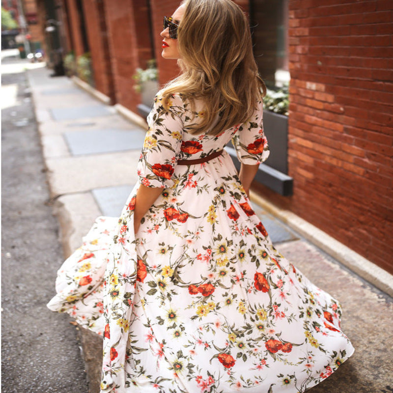 Floral Print Half Sleeve Wholesale Bohemian Dresses Maxi Dresses