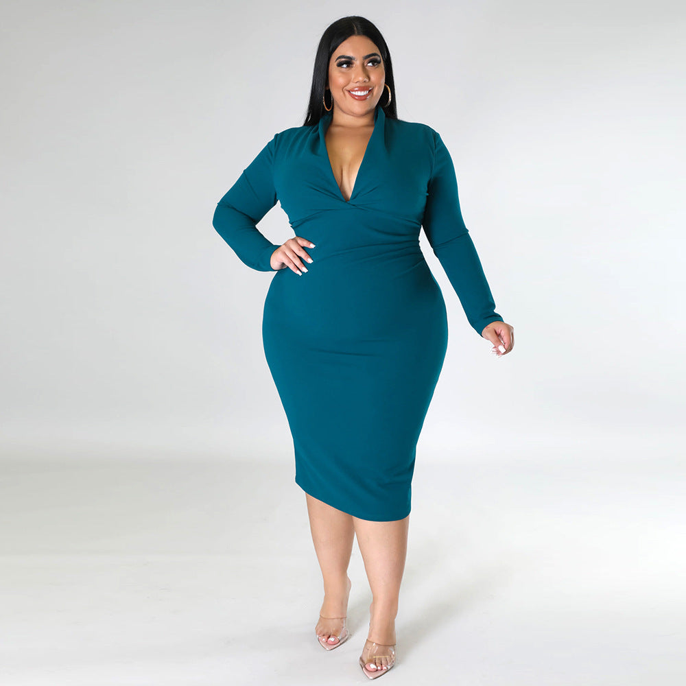 Sexy V-Neck Midi Dress Solid Color Long Sleeve Pleated Wholesale Plus Size Clothing