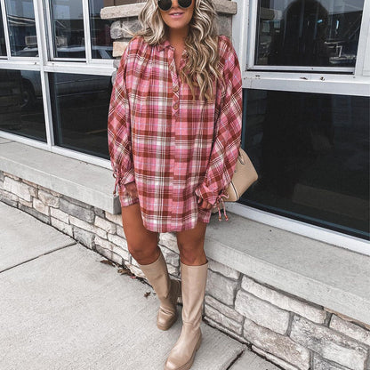 Ladies Plaid Printed Long Sleeve Lapel Loose Casual T Shirt Dress Wholesale