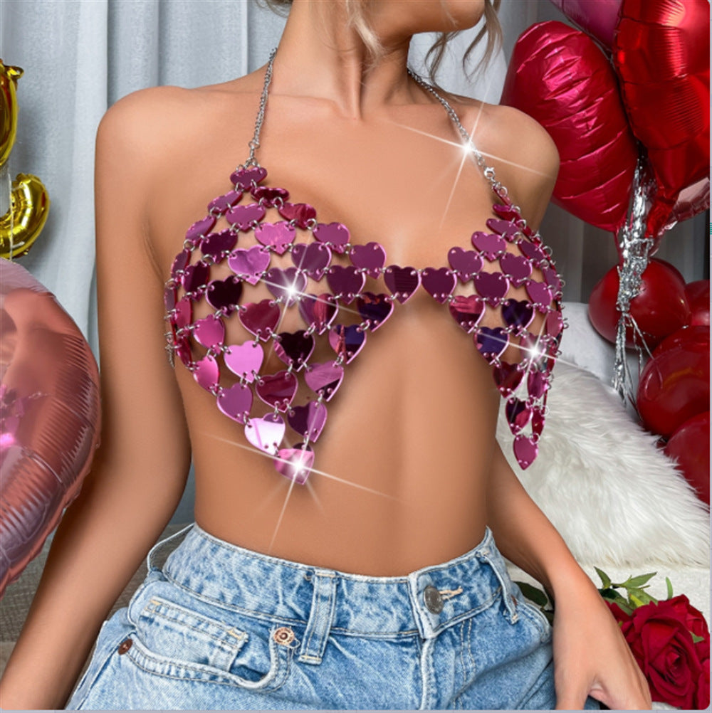 Sequins Acrylic Metal Chain Stitching Wrapped Chest Vest Wholesale Womens Tops