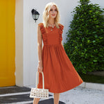 Round Neck Solid Color Sleeveless Mid-Legnt Ruffled Dress Casual Wholesale Dresses