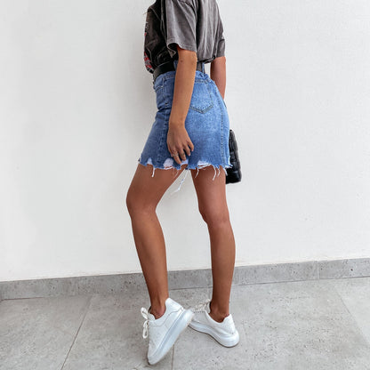 Casual Tassel Irregular Cut Edge High Waist All-Match Denim Skirt Wholesale Women Bottom