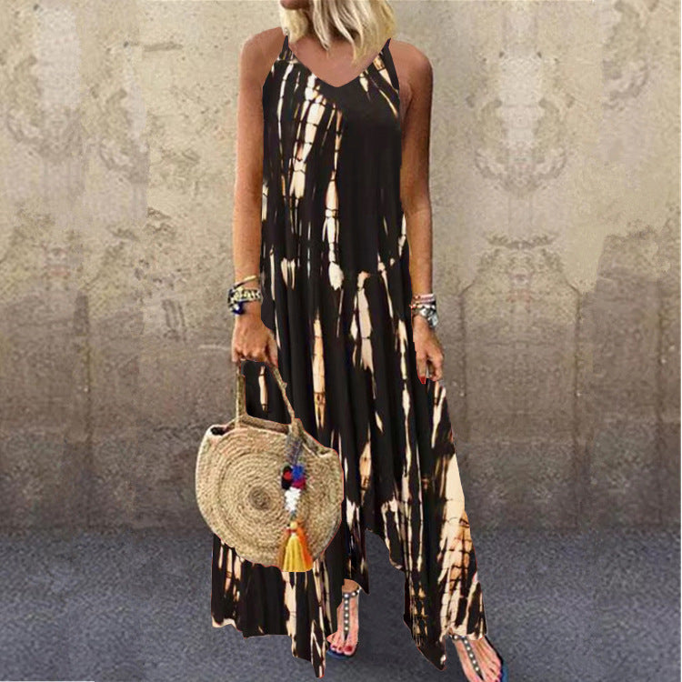 V Neck Tie-Dye Print Slit Irregular Hem Sling Dress With Pocket Wholesale Maxi Dresses