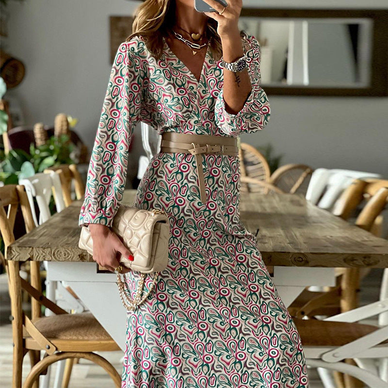 Fashionable V-Neck Long Sleeve Bohemian Print Maxi Dress Wholesale Dresses