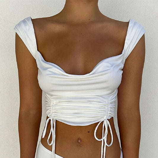 Sexy Low-Cut Sleeveless Drawstring Undershirt Wholesale Crop Tops