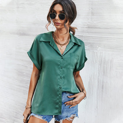 Fashion V Neck Lapel Blouse Single-Breasted Solid Color Loose Short Sleeve Womens T Shirts Wholesale