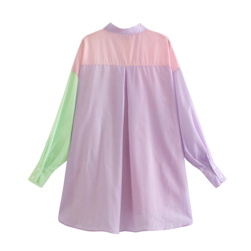 Colorblock Print Loose Lapel Long Sleeve Womens Long Shirt Fashion Wholesale Blouse