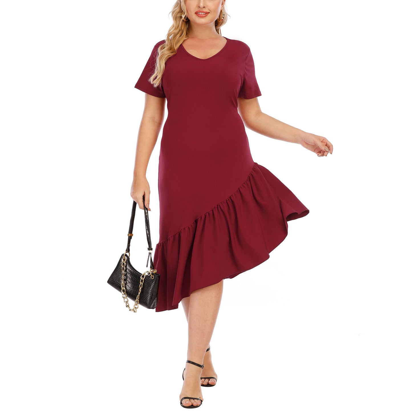 Irregular Ruffled Design V-Neck Short-Sleeved Wholesale Plus Size Dresses