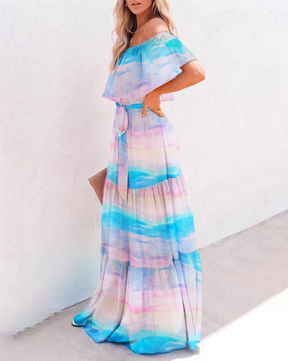 Printed Lace-Up Off Shoulder Big Swing Smocked Dress Vacation Wholesale Maxi Dresses SD531767