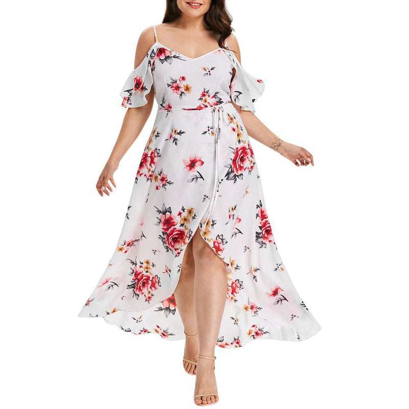 Sexy Off Shoulder Floral Print Sling Short Sleeve Slit Curvy Maxi Dresses Wholesale Plus Size Clothing