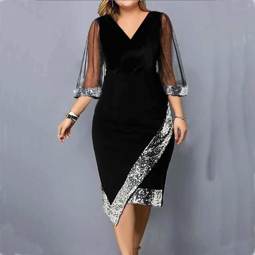 Irregular Sequin See-Through Mesh Velvet Dress Wholesale Dresses