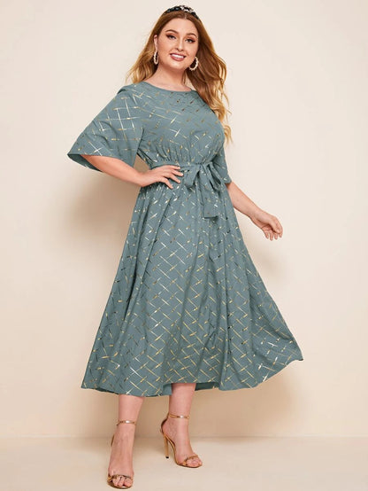 Casual Printed Loose Dress Lace-Up Short Sleeve Midi Dresses Wholesale Plus Size Clothing