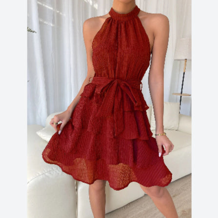 Sleeveless Halterneck Trendy Tie-Waist Ruffle Dress Wholesale Dresses