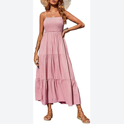 Sleeveless Solid Color Swing Sundresses Smocked Dress Casual Vacation Wholesale Maxi Dresses SD531074