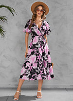 Short-Sleeve Floral Printed V-Neck Lace-Up Waist Midi Smocked Dress Casual Wholesale Dresses