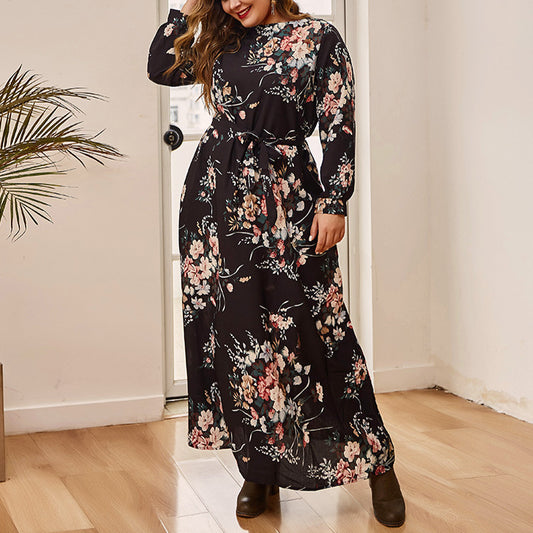 Wholesale Plus Size Women Clothing Loose Long-Sleeved Printed Temperament Maxi Dress