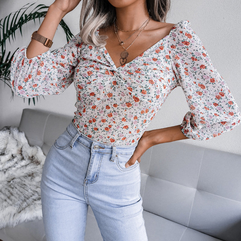 Sexy V-Neck Slim Floral Print Shirt Long Sleeve Chiffon Wholesale Womens Blouses