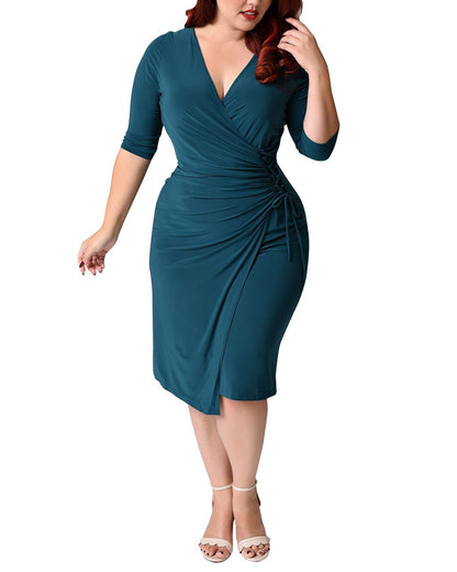 V Neck Mid-Sleeve Tie Waist Curvy Wrap Dresses Wholesale Plus Size Clothing