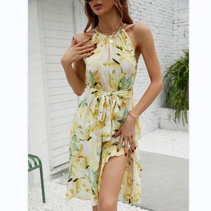 Elegant And Sexy Round Neck Strapless Printed Belt Dress Wholesale Dresses