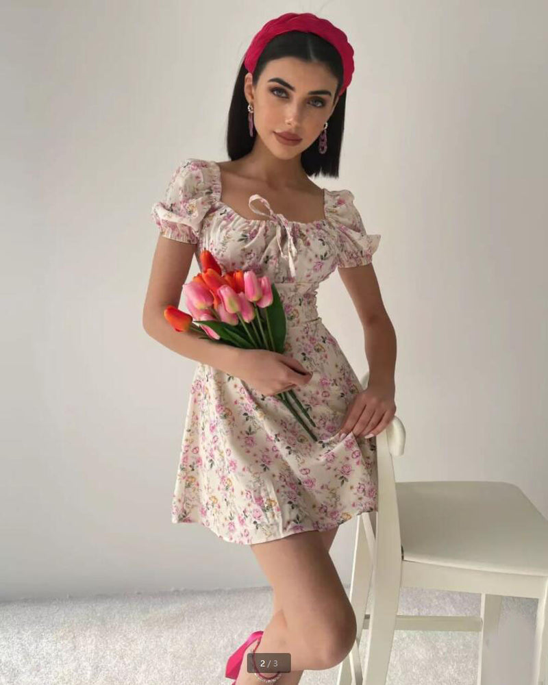Sexy Square Collar Floral Pleated Dress Lace-Up Short Sleeve Slim Wholesale Dresses