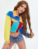 Fashion Contrast Colorblock Short Denim Jacket Slim Long Sleeve Single-Breasted Women Wholesale Coats