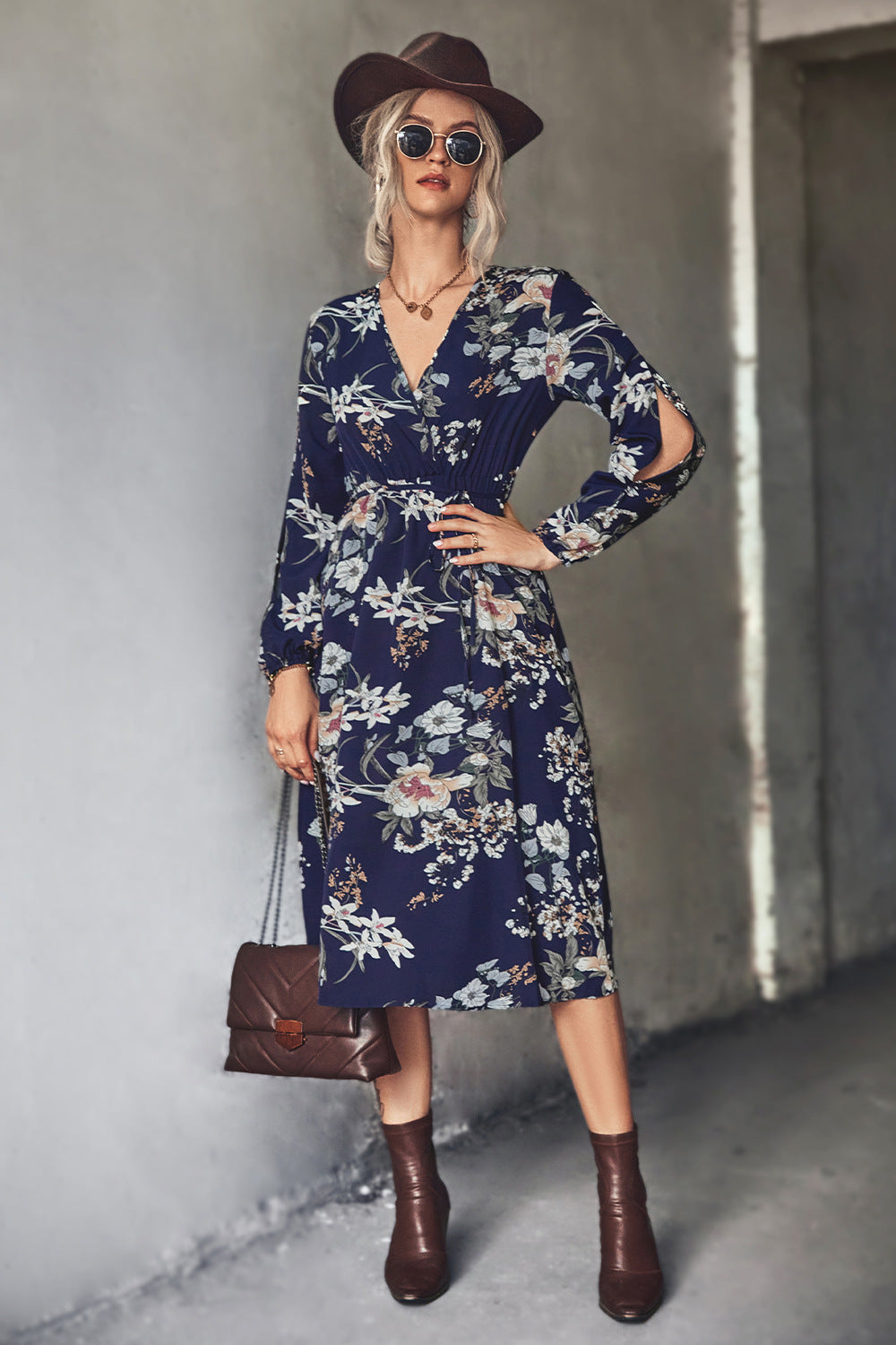 Casual V-Neck Long Sleeve Floral Dress Wholesale Dresses