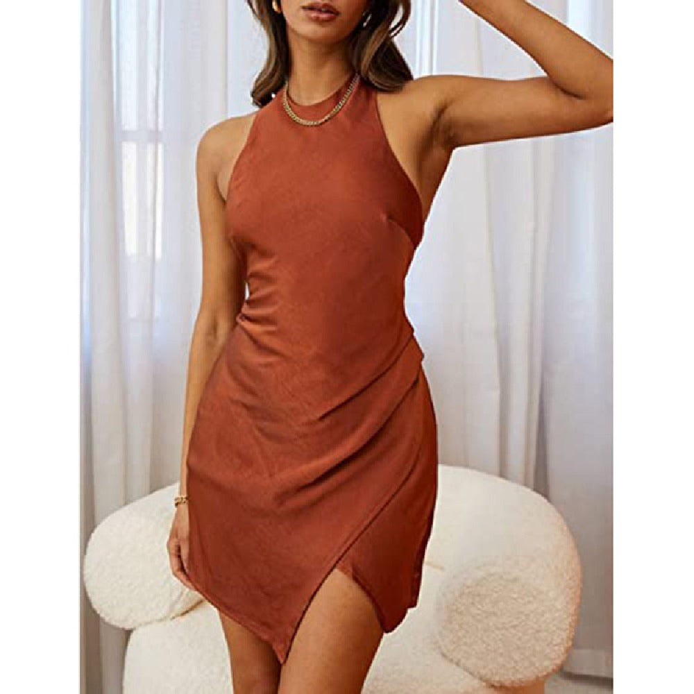 Solid Color Halterneck Sleeveless Backless Slit Sexy Mini Satin Dress Wholesale Dresses