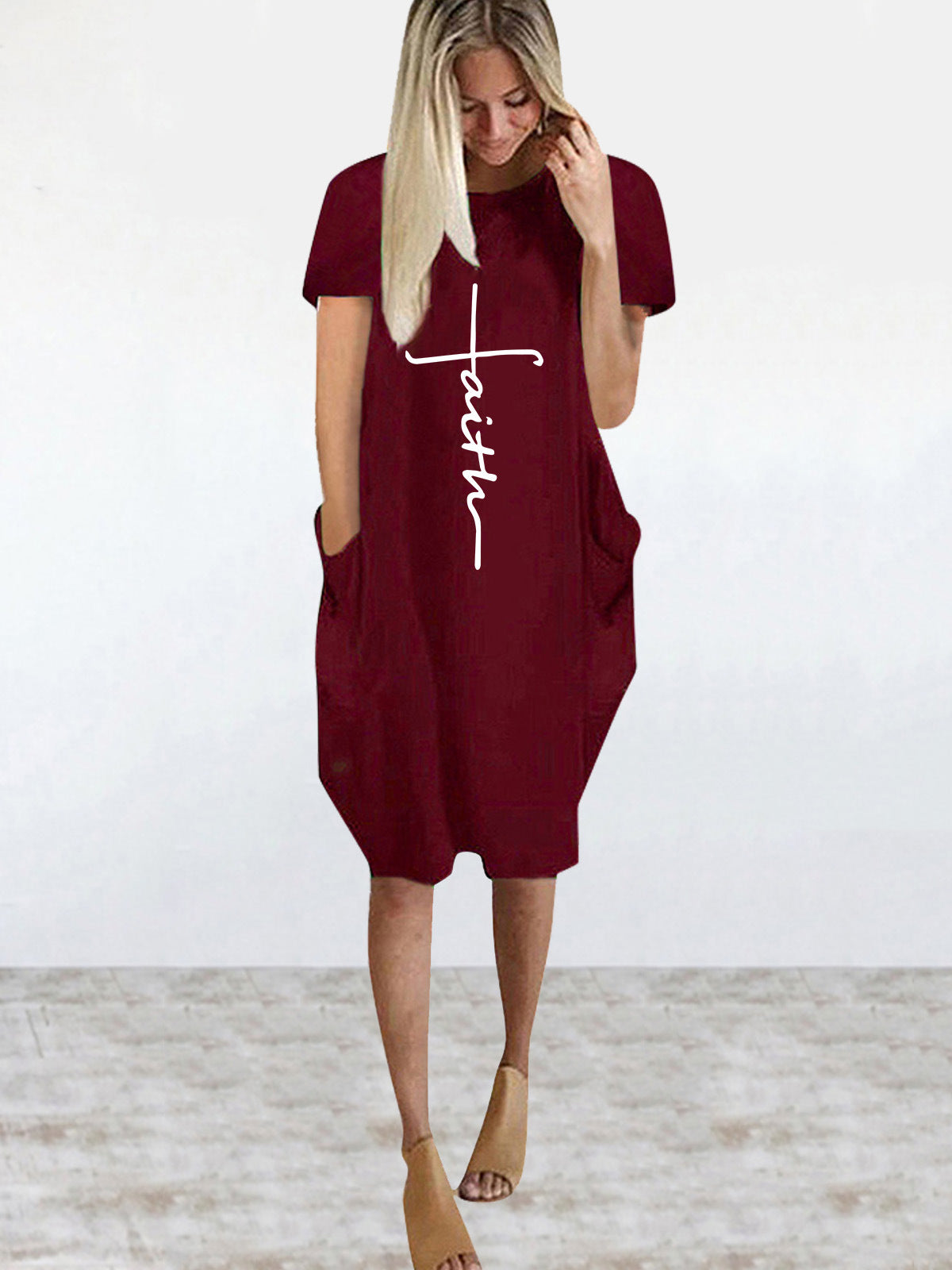 Print Short Sleeve Round Neck Midi Casual Loose T Shirt Dress Wholesale