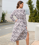 Trendy Leopard Floral Print V-Neck Long Sleeve A-Line Dress Wholesale Dresses