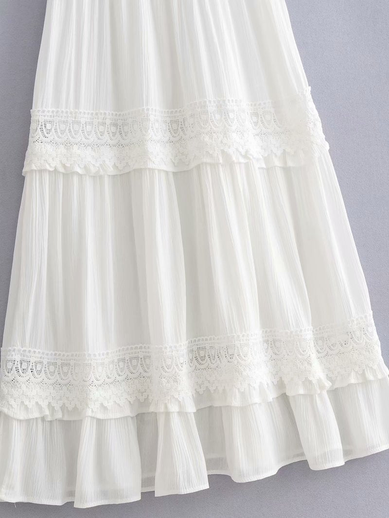 Lace Stitching Short Sleeve V-Neck Open Back Mid-Length White Resort Swing Ruffled Dress Wholesale Dresses