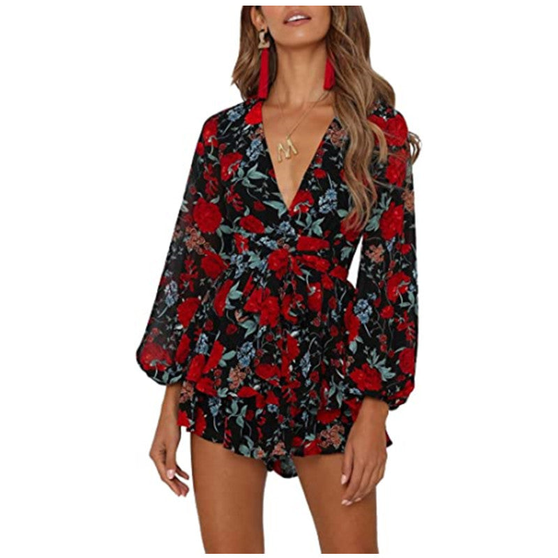 V-Neck Floral Print Lace-Up Loose Ruffles Womens Short Jumpsuits Vacation Trendy Wholesale Rompers