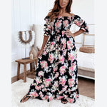 Floral Printed Off Shoulder Puff Sleeve Sexy Holiday Ruffled Dress Vacation Wholesale Maxi Dresses