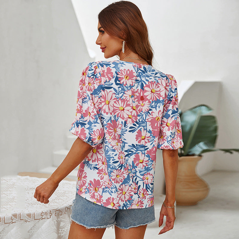 Fashion Floral Tops Loose Casual Single Breasted Womens T Shirts Wholesale