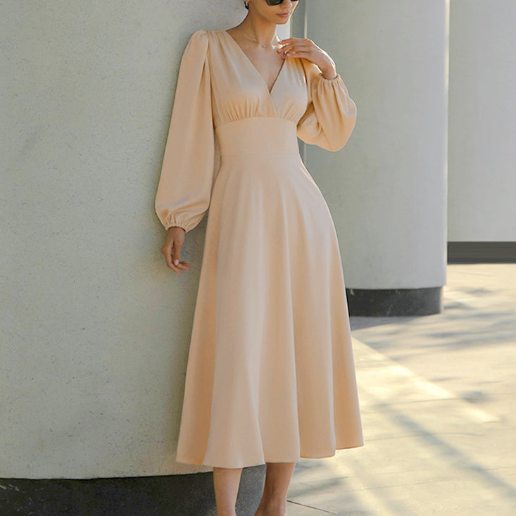 Elegant Deep-V Neck Lantern Sleeve Long Satin Dress Wholesale Dresses