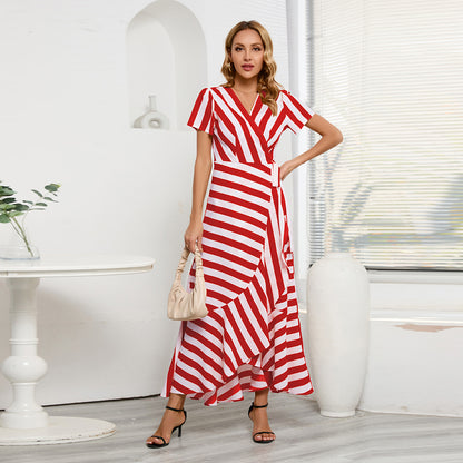 Fashion Slim Striped Swing Ruffle Wrap Dress Wholesale Maxi Dresses