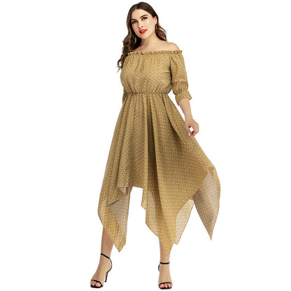 Wholesale Plus Size Women'S Clothing Off-Line Neck Print Irregular Fit Bohemian Midi Dress