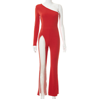 Fashion Solid Color One Shoulder Mesh Stiching Translucent Flares Pant Wholesale Jumpsuits