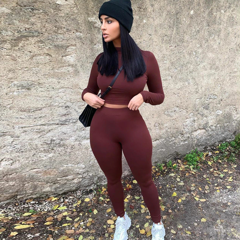 Long-Sleeved Crop Top High-Waisted Leggings Sports Two-Piece Suit Wholesale Women Clothing