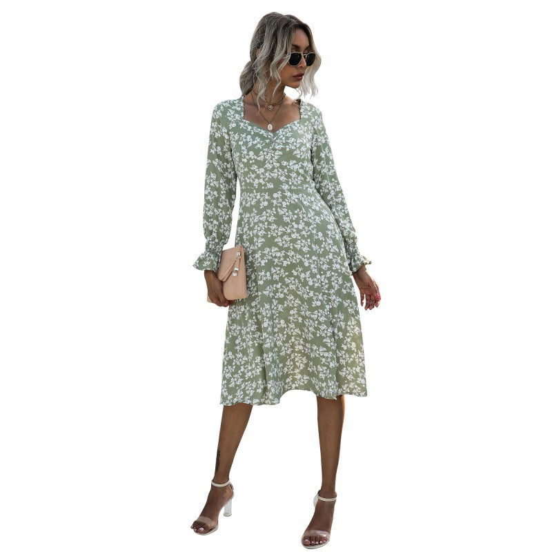 Floral Print Puff Long Sleeve V Neck Wholesale Swing Dresses