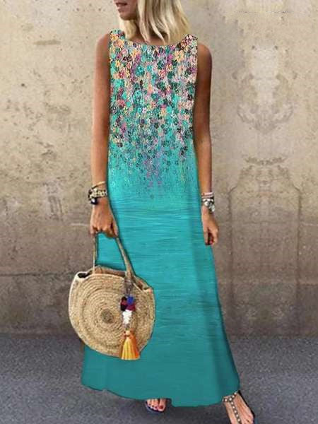 Floral Printed Sleeveless Casual Wholesale Maxi Dresses Round Neck Vacation Dresses