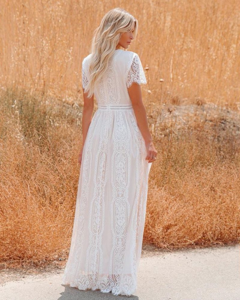 Solid Color Short Sleeve V Neck Lace Hollow High Waist Swing Wedding Dress Wholesale Maxi Dresses