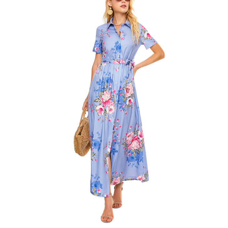 Lapel Short Sleeve Floral Print Lace-Up Shirtdress Wholesale Maxi Dresses